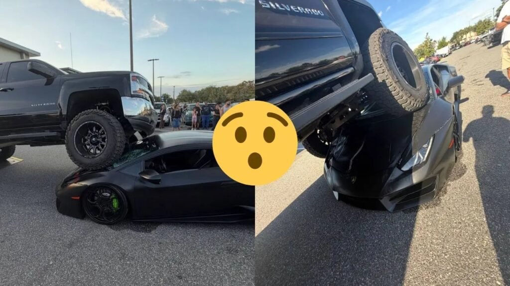 Lamborghini queda bajo Silverado, conductora no lo vio
